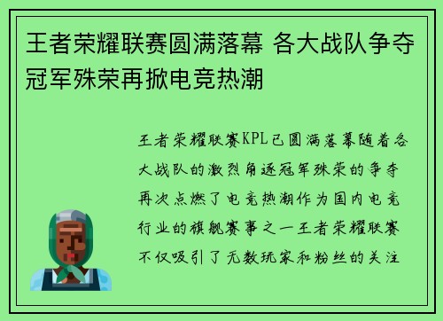 王者荣耀联赛圆满落幕 各大战队争夺冠军殊荣再掀电竞热潮