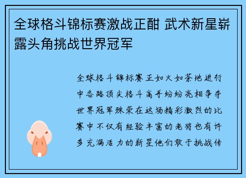 全球格斗锦标赛激战正酣 武术新星崭露头角挑战世界冠军