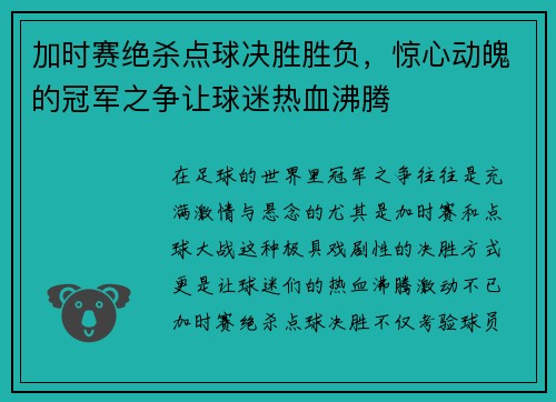 加时赛绝杀点球决胜胜负，惊心动魄的冠军之争让球迷热血沸腾