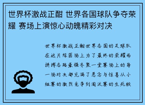世界杯激战正酣 世界各国球队争夺荣耀 赛场上演惊心动魄精彩对决