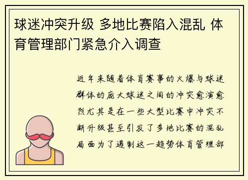 球迷冲突升级 多地比赛陷入混乱 体育管理部门紧急介入调查